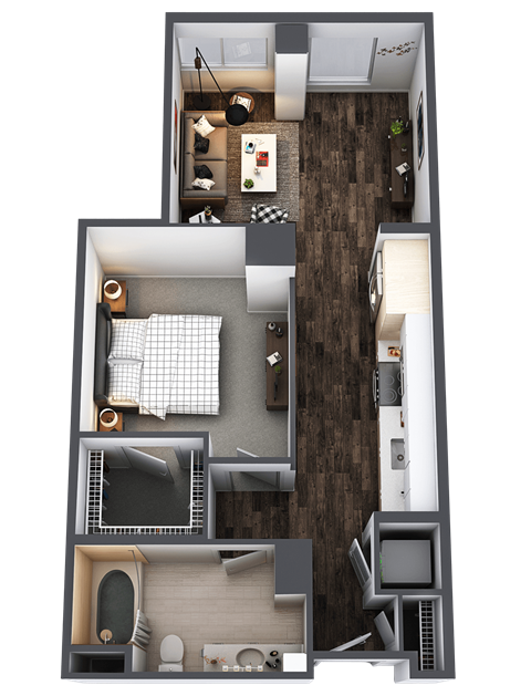 Floor plan for 1 bed, 1 bath, 676 sqft